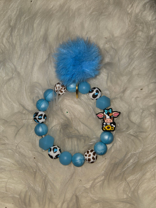 Blue Bow Cow Beadable Wristlets Keychain