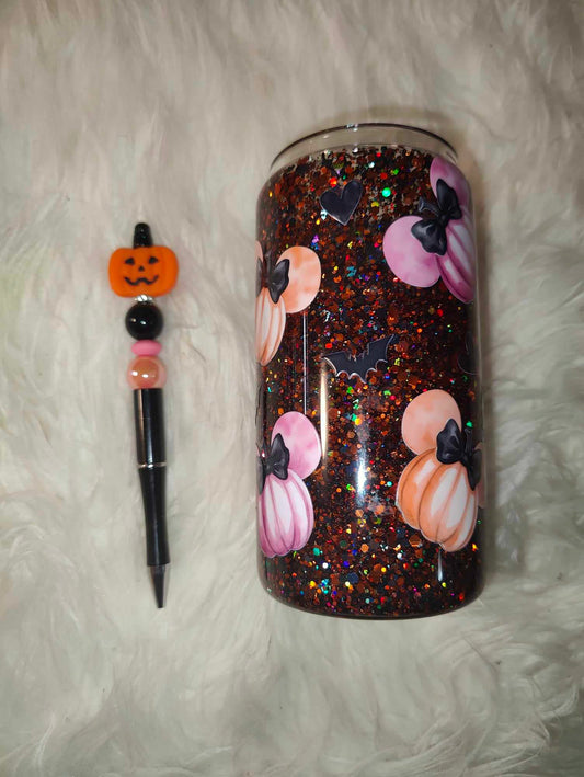 Halloween Pumpkins 16oz snow globe Can and Pen Combo