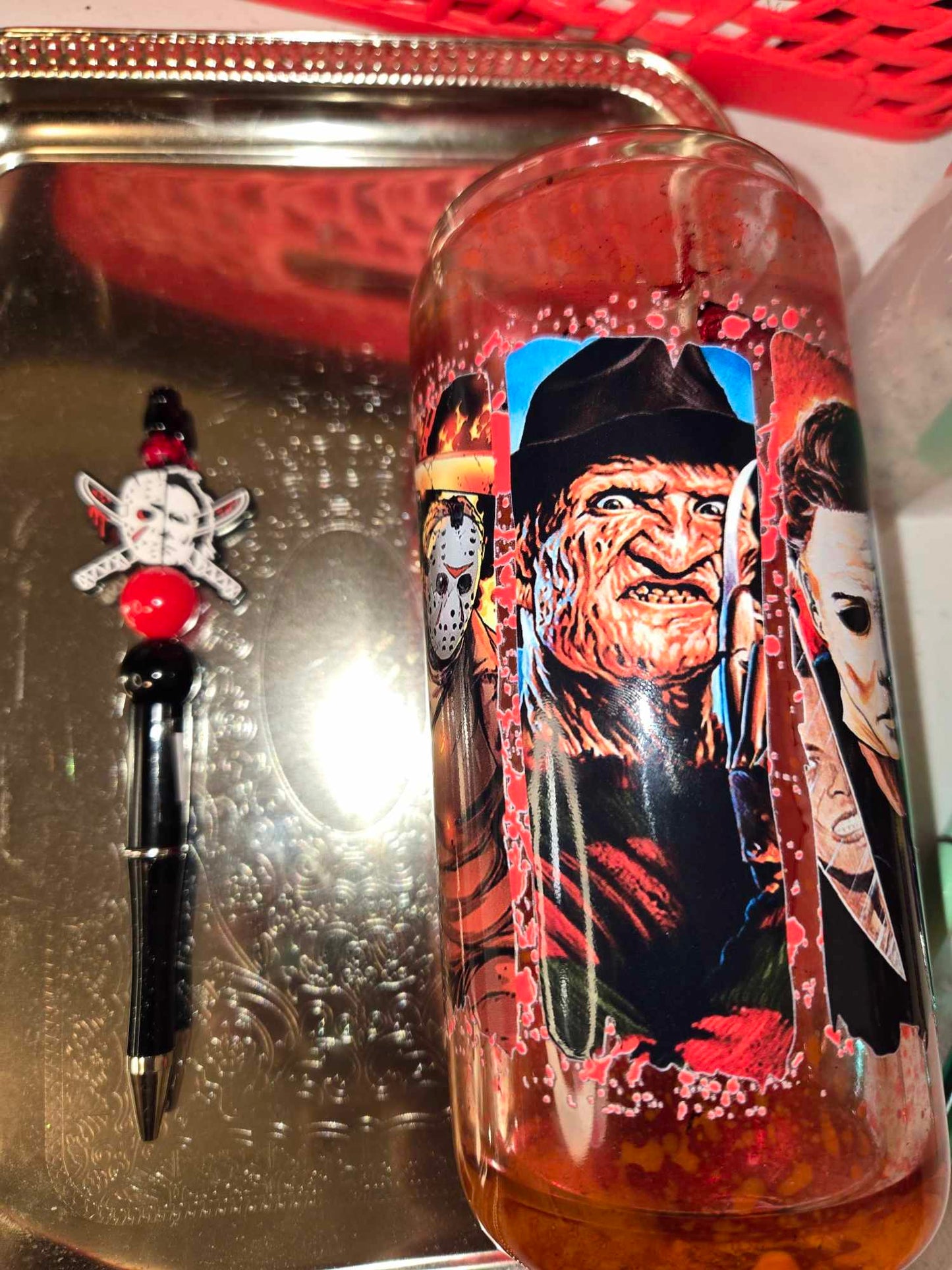 scary friends blood drip 16oz snow globe  Can and Pen Combo