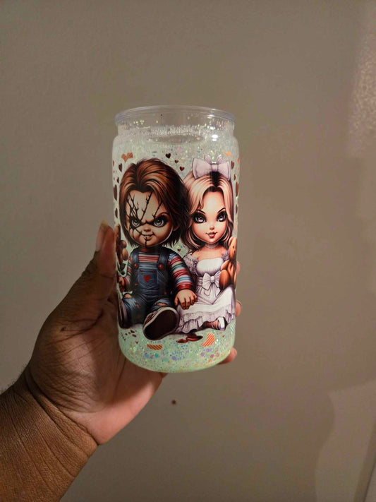 Chucky and Tiffany Glow in the Dark Acrylic 16oz Snow globe Tumbler